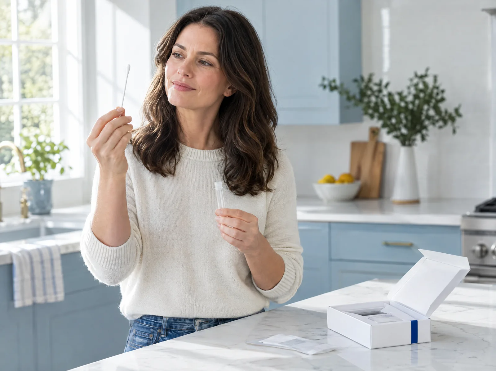 A woman at a kitchen counter holding a cheek swab beside an open at-home test kit